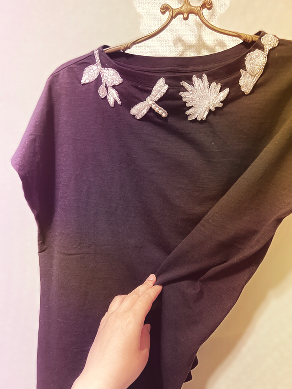 【Lサイズ】月下美人　涼しげなオートクチュール刺繍Tシャツ 2枚目の画像