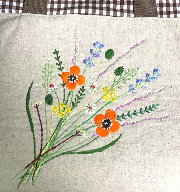 花束刺繍の巾着バック（モカ茶） 5枚目の画像