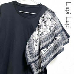 【新作1点物】一枚でインパクト大！インド綿フリル ドッキングTシャツ ブラック 1枚目の画像
