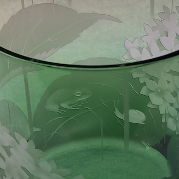 「雨宿り」かえる　かたつむり　紫陽花　ロックグラス　サンドブラスト 16枚目の画像