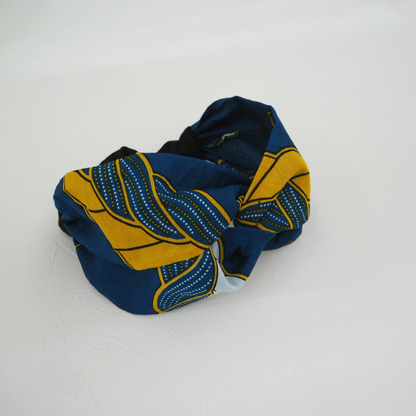 ヘアターバン (結び) ☆ アフリカ 編み模様 ブルー 1枚目の画像