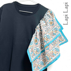 【新作1点物】一枚でインパクト大！インド綿フリル ドッキングTシャツ アクアブルー 2枚目の画像