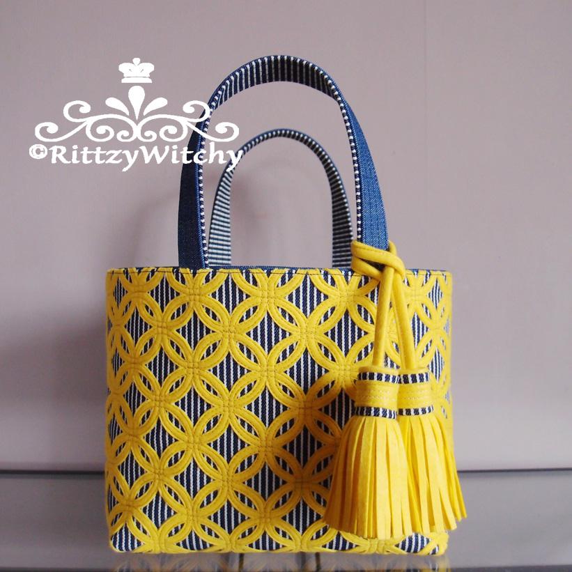 新品刺繍レースショルダートート布バゲット高級ファブリックバッグレモンイエロー黄色