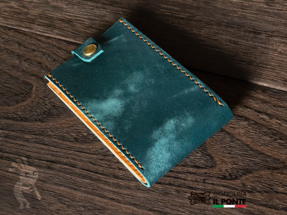 【イタリアンレザー】マヤ　手縫いミニ財布　ブルー/キャメル　本革 5枚目の画像