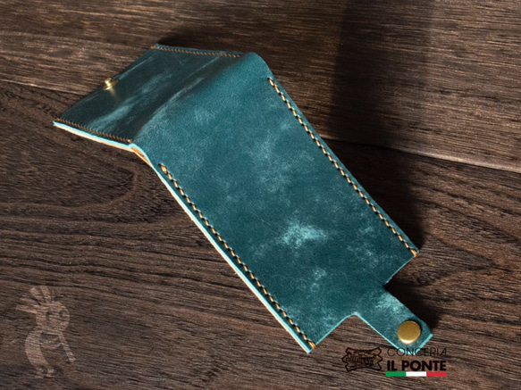 【イタリアンレザー】マヤ　手縫いミニ財布　ブルー/キャメル　本革 3枚目の画像