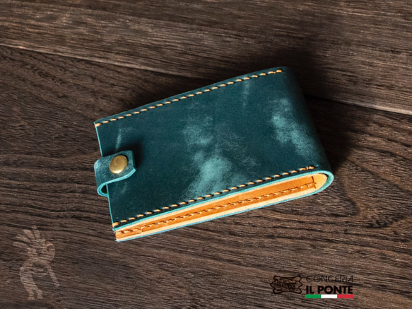 【イタリアンレザー】マヤ　手縫いミニ財布　ブルー/キャメル　本革 1枚目の画像