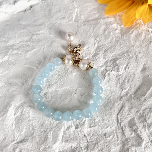 カボチャ馬車のチャーム付きアクアマリン・淡水パールブレスレット  