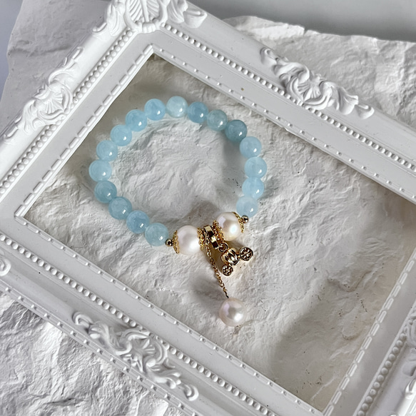 カボチャ馬車のチャーム付きアクアマリン・淡水パールブレスレット  