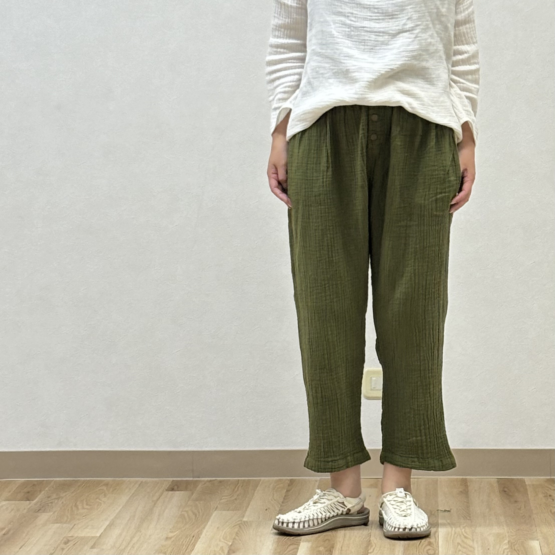 ワイドパンツ コットン ダブルガーゼ 無地  テーパード サルエル ウェストゴム ゆったり 大人 ナチュラル