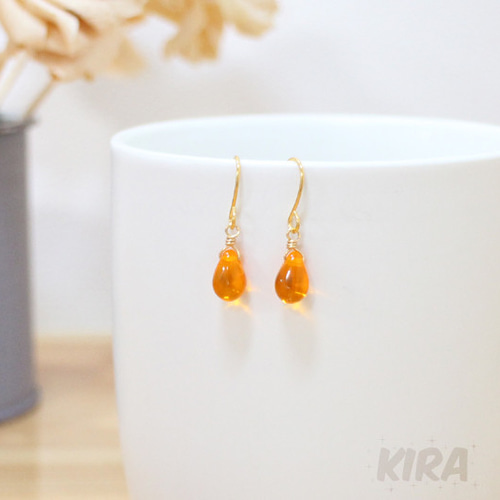 送料無料】チェコガラス 一粒ドロップピアス【オレンジ】橙 クリア