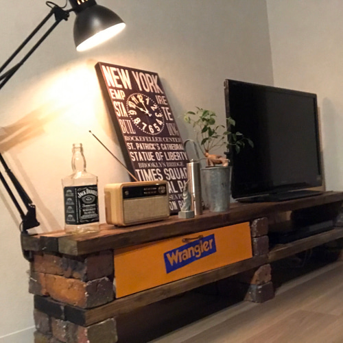 オーダーハンドメイド　ブルックリン調レール棚付きテレビボード オーダーハンドメイド ブルックリン調テレビボード 高級ワックス高級