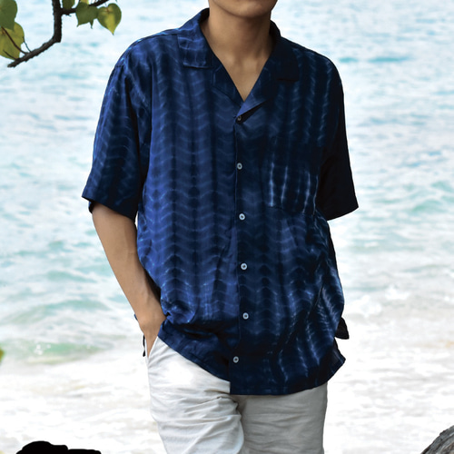 POLO 開襟シャツ　ハワイシャツ　アロハシャツ　開襟　オープンカラー　ネイビー POLO 開襟シャツ ハワイシャツ アロハシャツ 開襟 オープン