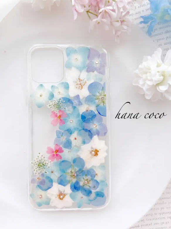 全機種対応.❁.｡.:*:.｡.✽紫陽花とネモフィラの押し花ケース 