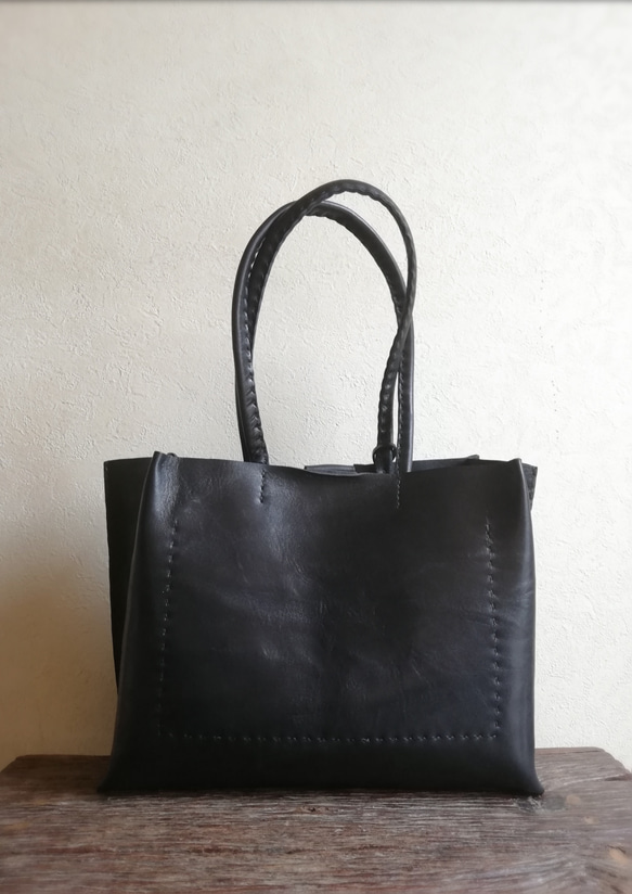 ざっくりtote　ブラック　オイルワックスレザー 9枚目の画像