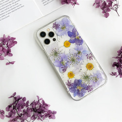 紫色系の押し花ケース スマホリング iPhone15Pro/SE/Xperia5IV/GALAXYS24 スマホケース 1枚目の画像