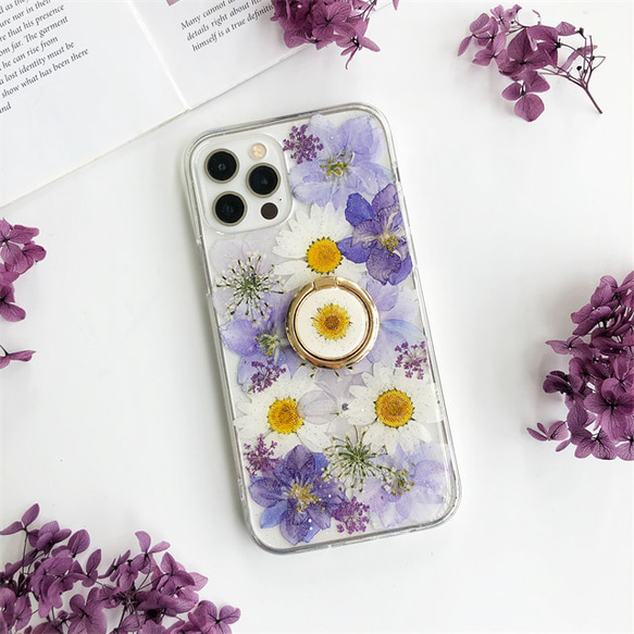 紫色系の押し花ケース スマホリング iPhone15Pro/SE/Xperia5IV/GALAXYS24 スマホケース 2枚目の画像