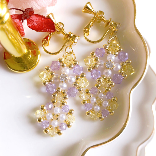 30％オフ】スワロフスキー ビーズ ダブルスクエア イヤリング・ピアス