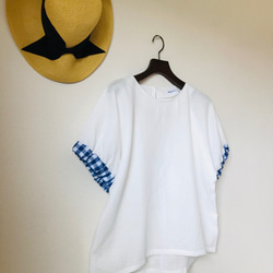 ギンガムチェックゴム袖プルオーバー / コットン　ホワイト 4枚目の画像