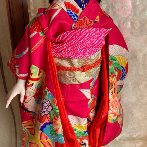 創作ビスクドール人形 黒髪の桃色のアンティーク着物の女の子 その他