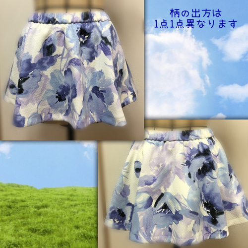 完売品 ブルー水彩花柄 テニス スコート 両サイドポケ付き