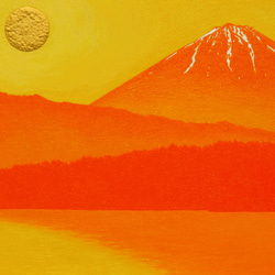●『西湖から陽色に染まる朝日の富士山』がんどうあつし油絵原画F4額付オレンジ山吹 3枚目の画像