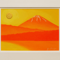 ●『西湖から陽色に染まる朝日の富士山』がんどうあつし油絵原画F4額付オレンジ山吹 2枚目の画像