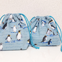 ラスト☆かわいいペンギン達のお弁当&コップ袋、ランチマット♪水色 4枚目の画像