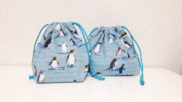 ラスト☆かわいいペンギン達のお弁当&コップ袋、ランチマット♪水色 4枚目の画像