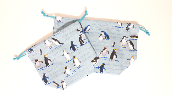 新作☆かわいいペンギン達のお弁当&コップ袋♪水色 2枚目の画像