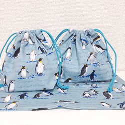 新作☆かわいいペンギン達のお弁当&コップ袋♪水色 4枚目の画像