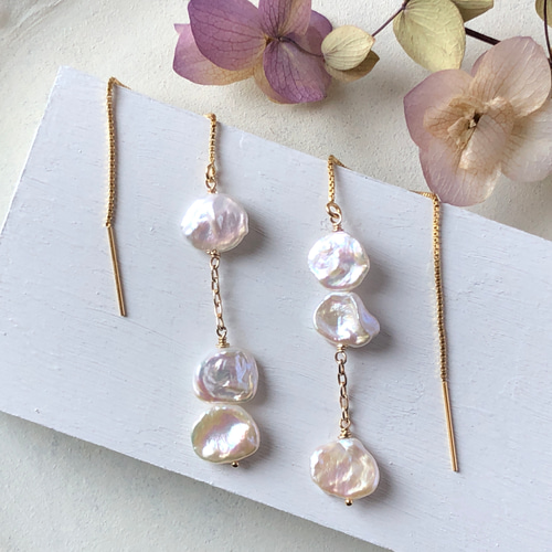 14kgf バロック淡水パールのアメリカンピアス アシンメトリーデザイン