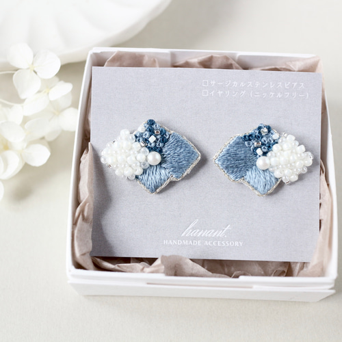 紫陽花のビーズ刺繍ピアス・イヤリング・ノンホール（ブルー）花