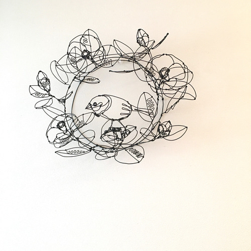 花と小鳥（フラワーリース）ワイヤーアート ワイヤークラフト 半
