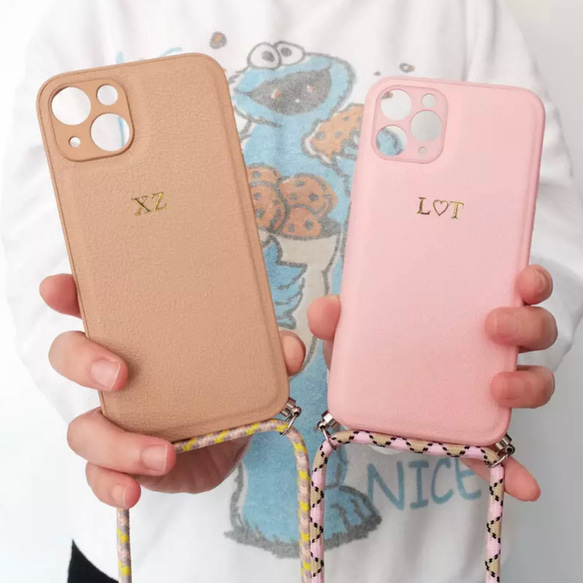 ショルダーストラップ付♡名入れ刻印OK♪レザー調iPhoneケース 2枚目の画像