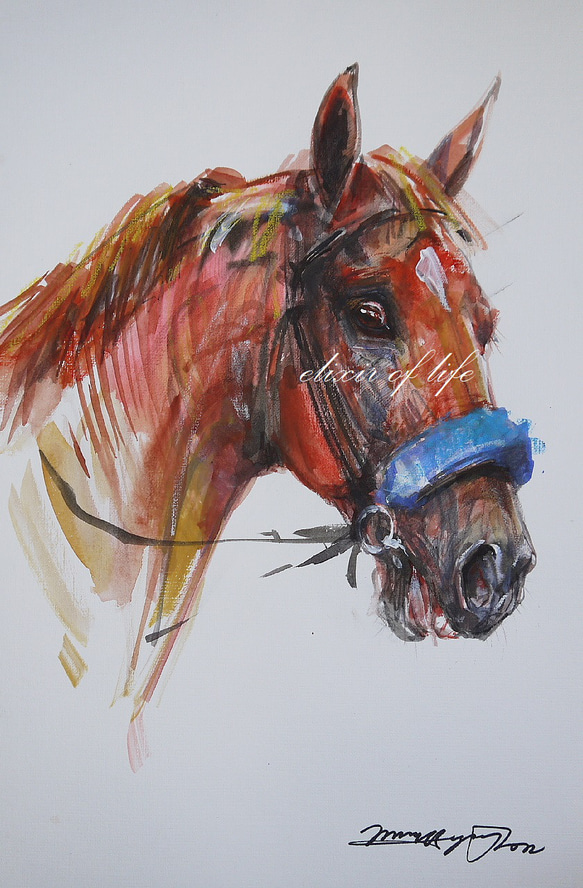 競走馬２０２２。栗毛の馬のポートレート（高級水彩画用紙２４，５ｃｍ×３７ｃｍ、水彩、墨、パステル） 1枚目の画像