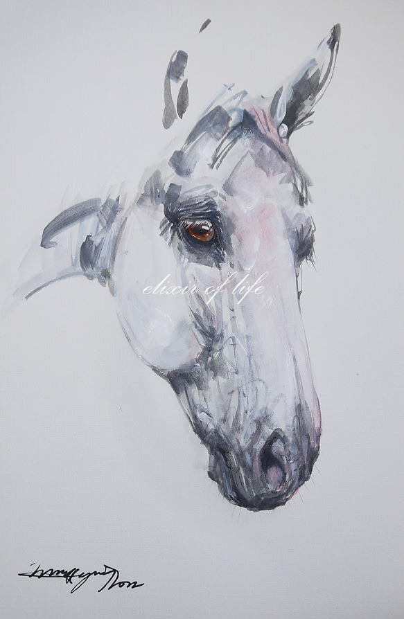 葦毛の馬のポートレート２０２２（高級水彩画用紙２４，５ｃｍ×３７ｃ、アクリル、墨） 
