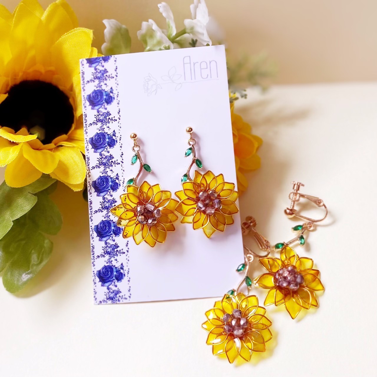 揺れるひまわり ディップアート ピアス/イヤリング ピアス