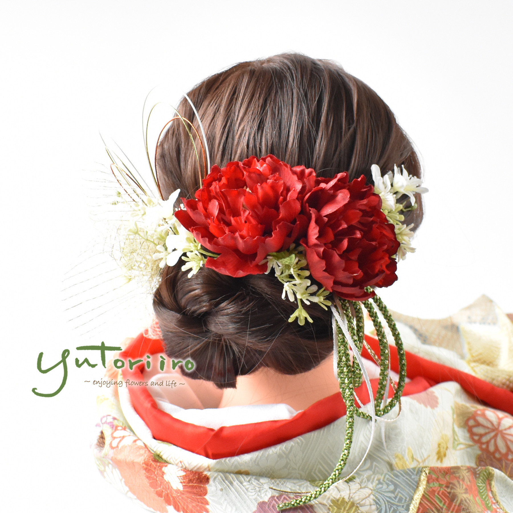 赤ピオニーの髪飾り 水引