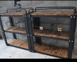 特大アイアンバーシェルフ　鉄筋ラック　男前　インダストリアル　棚　国産檜　かごつき　男前インテリア　