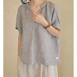 ニュアンスカラー先染めリネン　Vネックゆったりシルエット　ブラウス【春秋夏】グレイッシュ 8枚目の画像