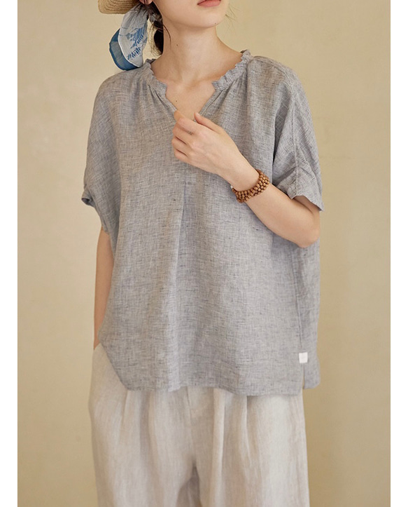 ニュアンスカラー先染めリネン　Vネックゆったりシルエット　ブラウス【春秋夏】グレイッシュ 8枚目の画像