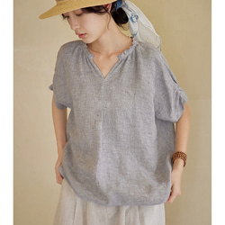 ニュアンスカラー先染めリネン　Vネックゆったりシルエット　ブラウス【春秋夏】グレイッシュ 10枚目の画像
