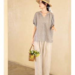 ニュアンスカラー先染めリネン　Vネックゆったりシルエット　ブラウス【春秋夏】グレイッシュ 7枚目の画像