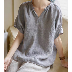 ニュアンスカラー先染めリネン　Vネックゆったりシルエット　ブラウス【春秋夏】グレイッシュ 6枚目の画像