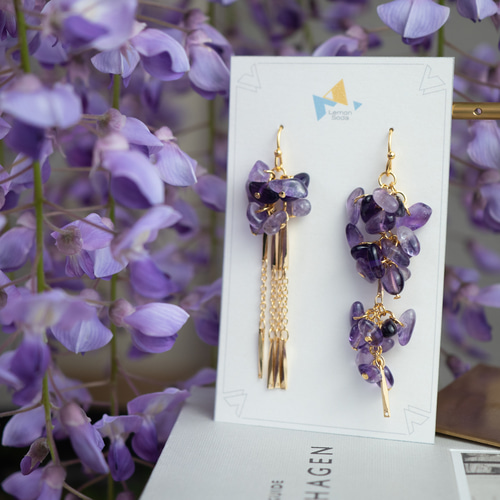 14kgfフローライトカービング藤の花ピアス/イヤリング