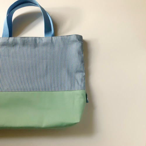 大きめサイズ選択可】ストライプ フリル♡リボンのレッスンバッグ 水色