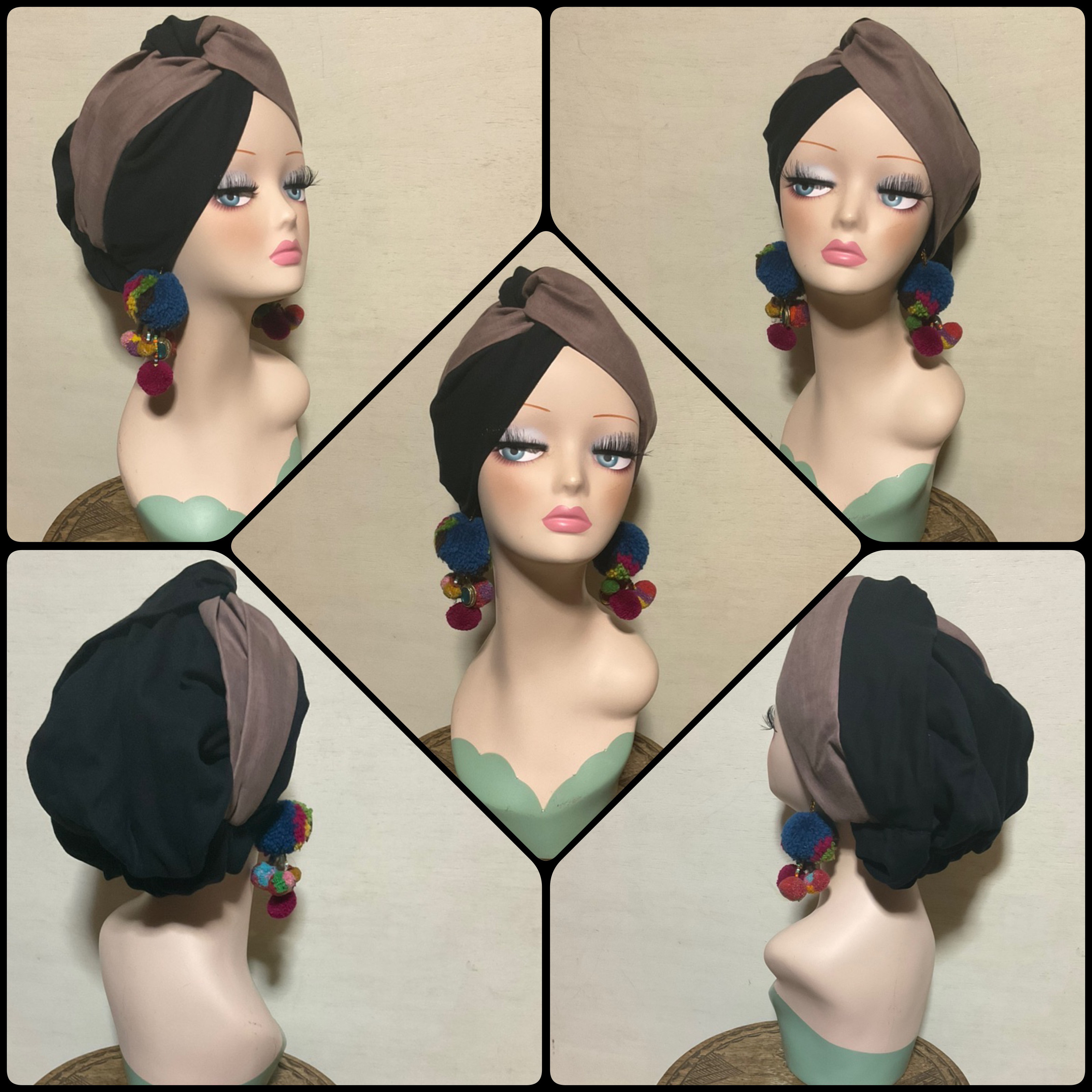 新作　春夏秋冬通素材　ブラック×モカブラウン　ダブルガーゼ　シングルクロス　帽子　帽子にもなる　ヘアターバン ヘアバンド