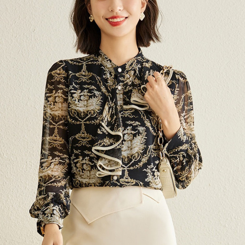 【新品・未使用】DRESS gallery 花柄 長袖 ブラウス シャツ 黒 黒 ブラウス ドレスシャツ 花柄ブラウス 柄シャツレディース