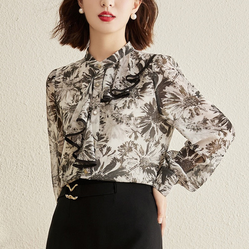 【新品・未使用】DRESS gallery 花柄 長袖 ブラウス シャツ 黒 黒 ブラウス ドレスシャツ 花柄ブラウス 柄シャツレディース