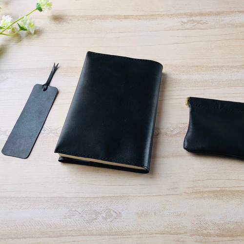 山羊革 文庫本ブックカバー コインケース セット 黒 小銭入れ・コイン